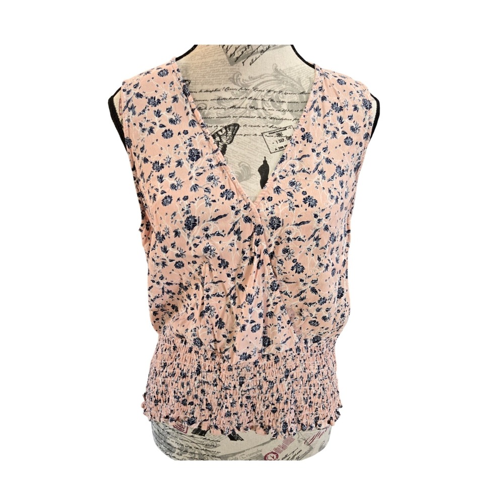 Peach Floral Smocked Waist Sleeveless Blouse Surplice V-Neck Boho Top